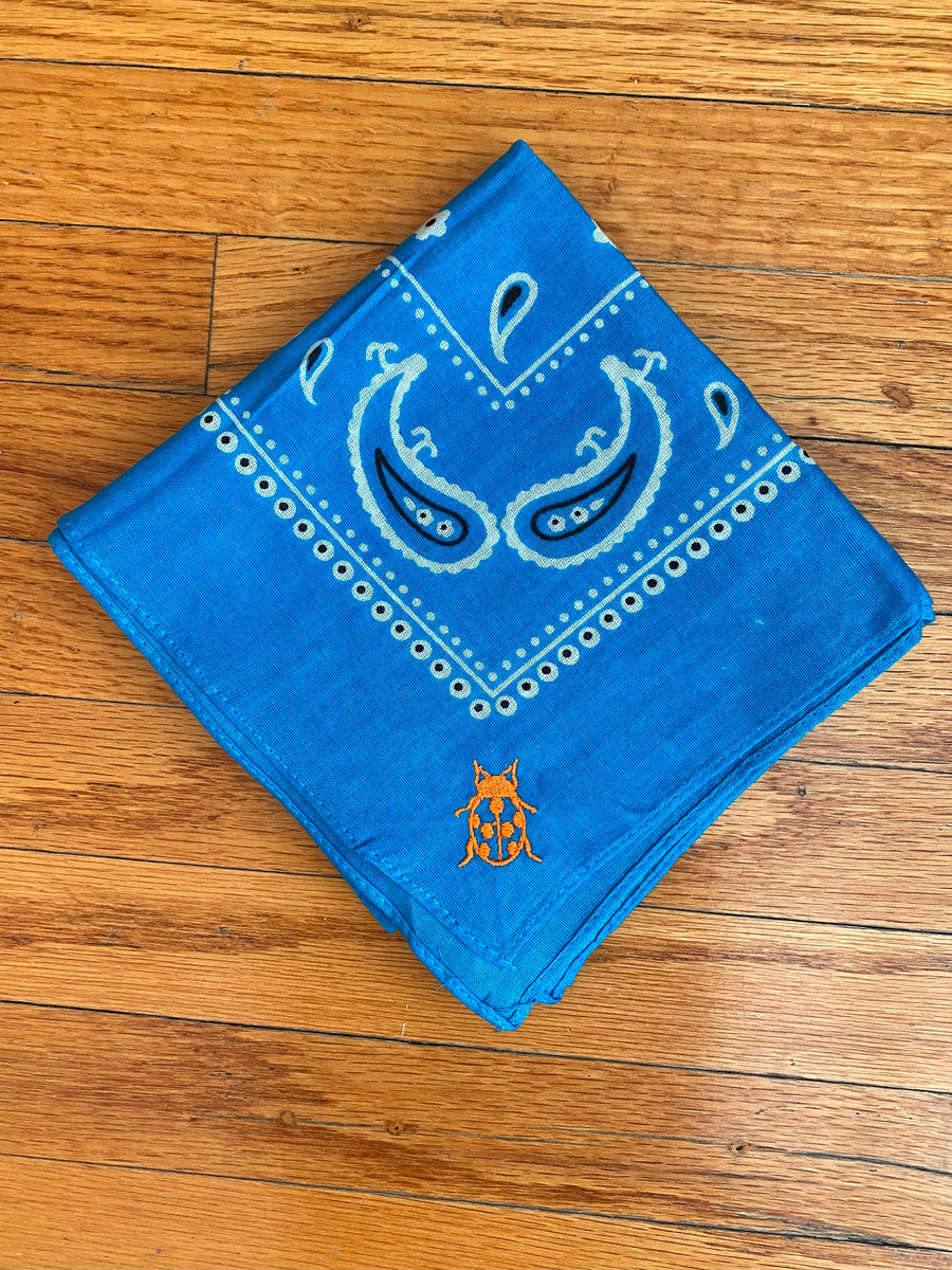 Royal Blue Cotton Bandana with Orange Ladybug Monogram