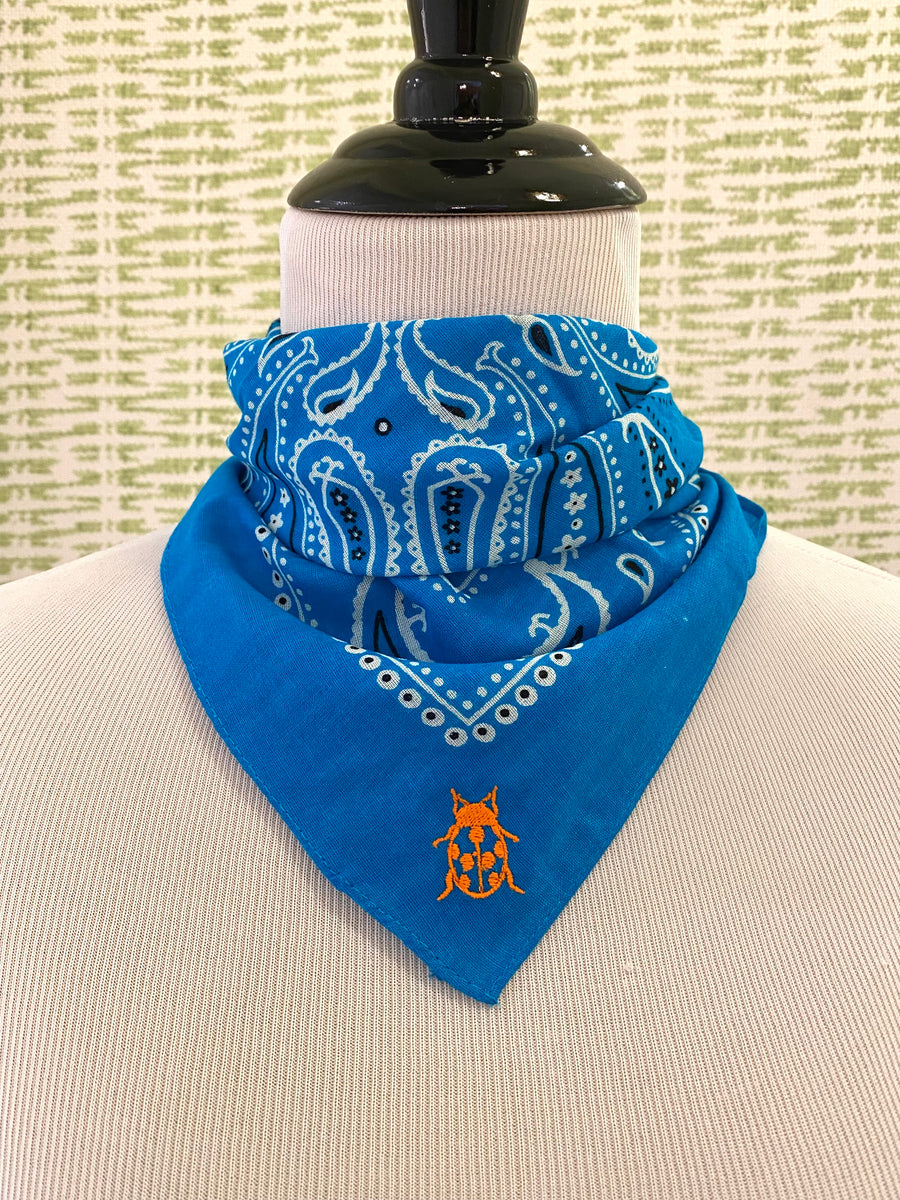 Royal Blue Cotton Bandana with Orange Ladybug Monogram