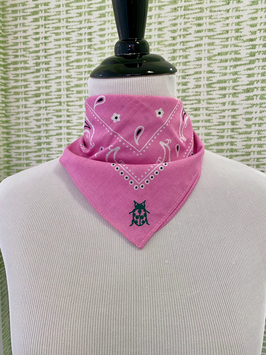 Pink Cotton Bandana with Green Ladybug Monogram