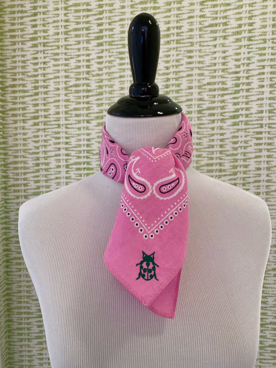 Pink Cotton Bandana with Green Ladybug Monogram