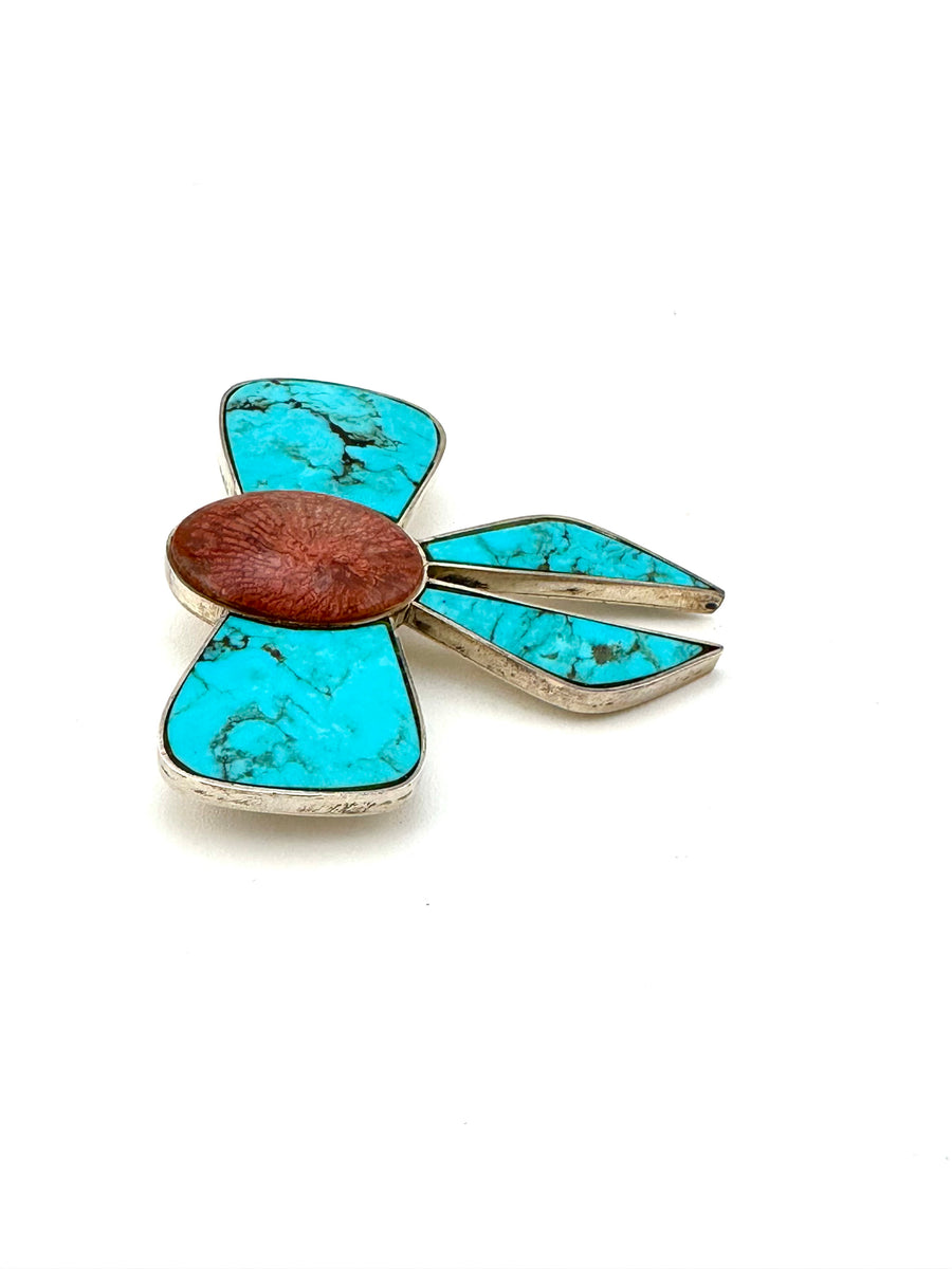Vintage Sterling Silver and Turquoise Bow Brooch
