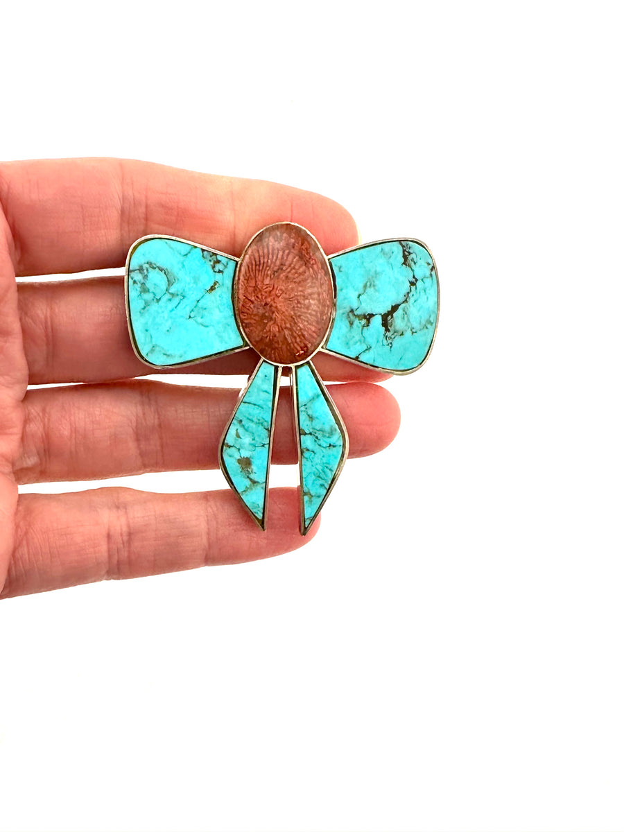 Vintage Sterling Silver and Turquoise Bow Brooch