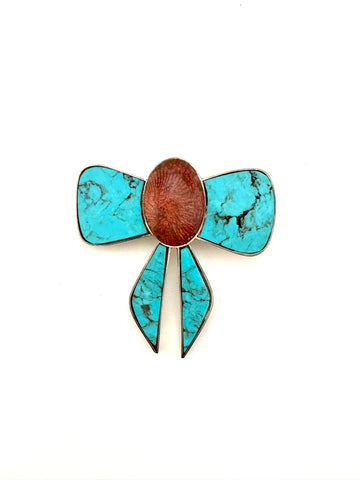 Vintage Sterling Silver and Turquoise Bow Brooch