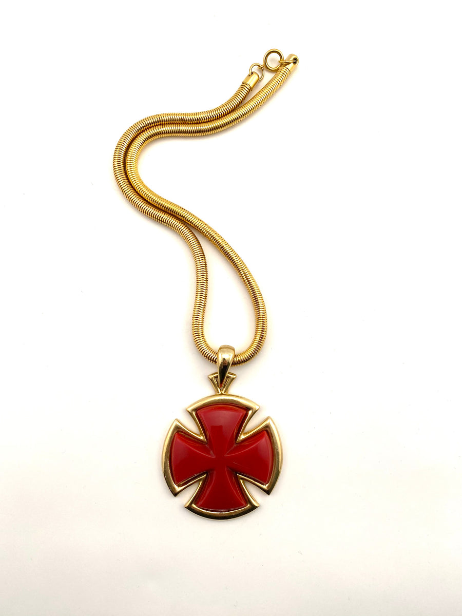 1970s Lanvin Modernist Red Lucite Cross Pendant Necklace with Snake Chain