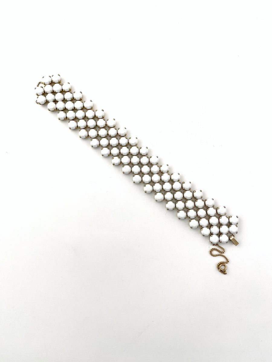 Vintage 1960s Trifari White Glass Beaded Cuff Bracelet