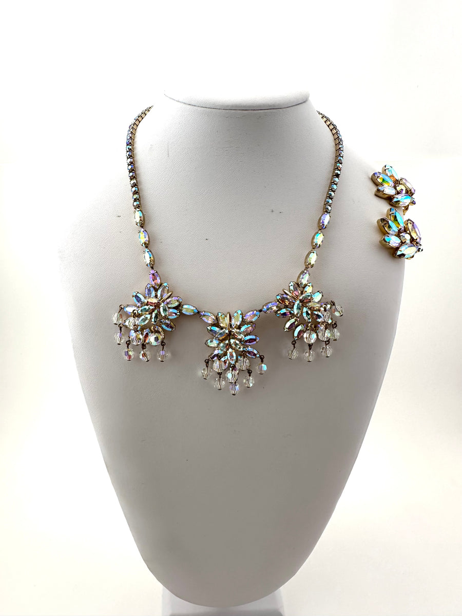 1950s Weiss Aurora Borealis Crystal Necklace and Earrings Set