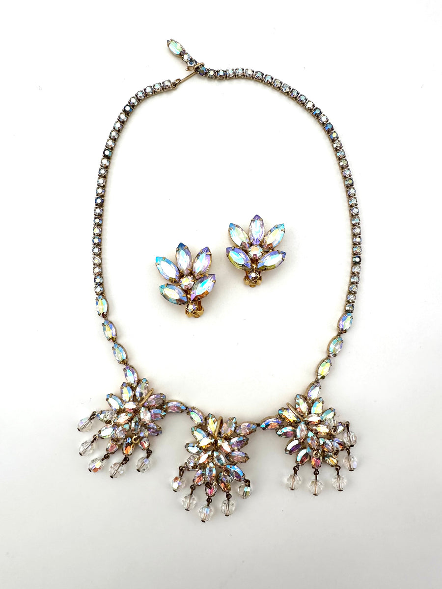 1950s Weiss Aurora Borealis Crystal Necklace and Earrings Set