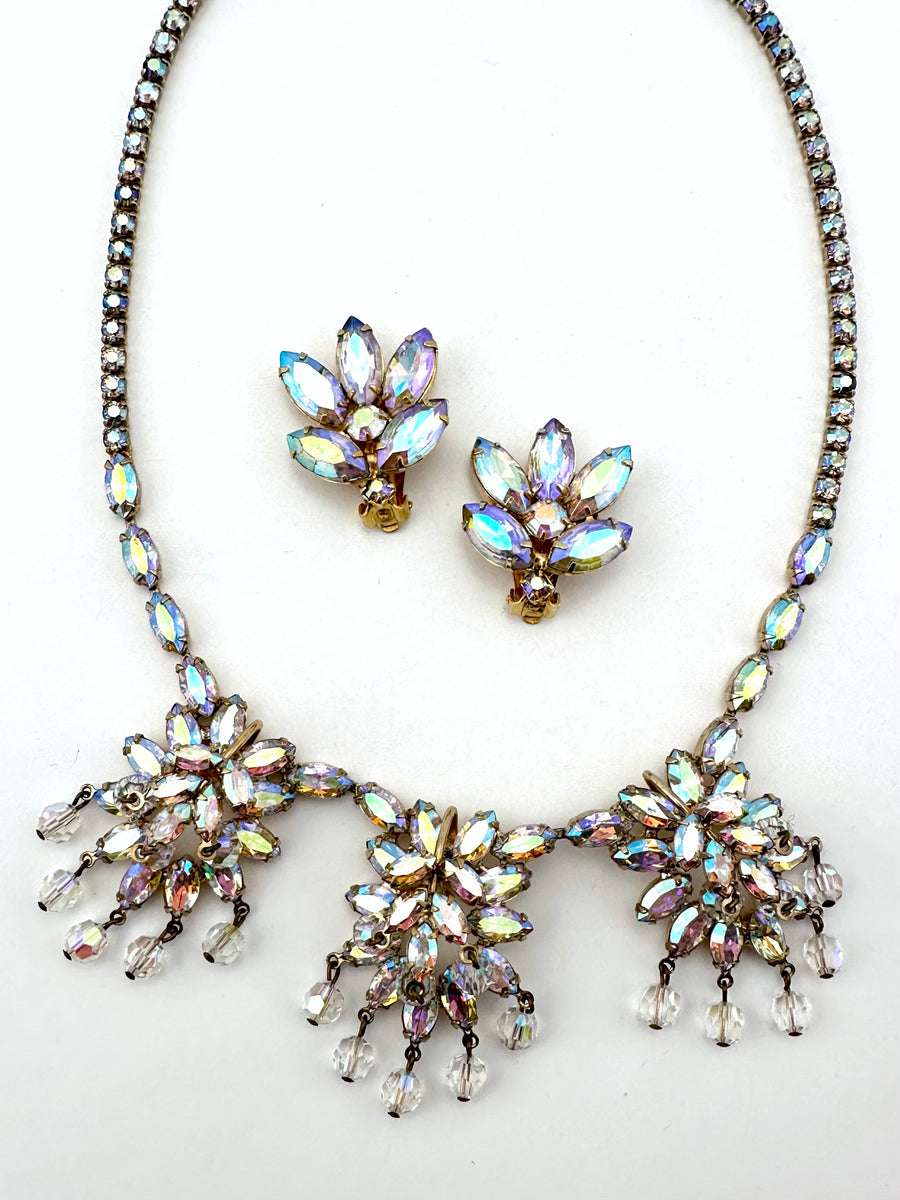 1950s Weiss Aurora Borealis Crystal Necklace and Earrings Set