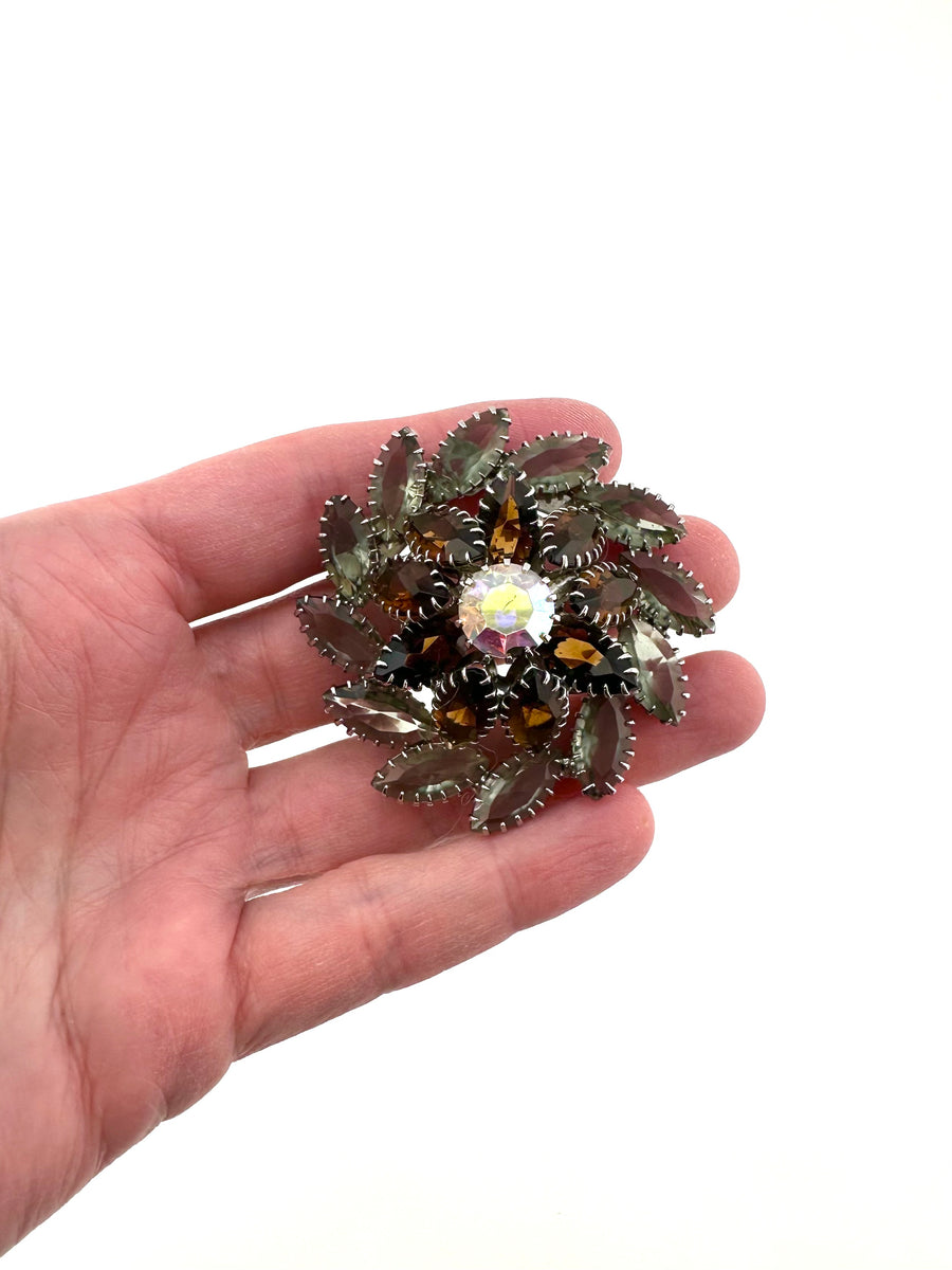 1950s Rhinestone Brooch Brown and Grey