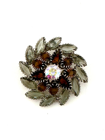 1950s Rhinestone Brooch Brown and Grey