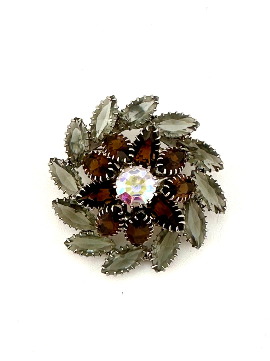 1950s Rhinestone Brooch Brown and Grey
