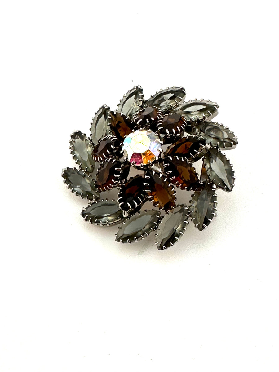 1950s Rhinestone Brooch Brown and Grey