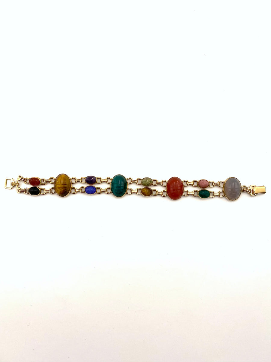 1950s Multi-Colored Big and Little Carved Scarab Beetle Bracelet