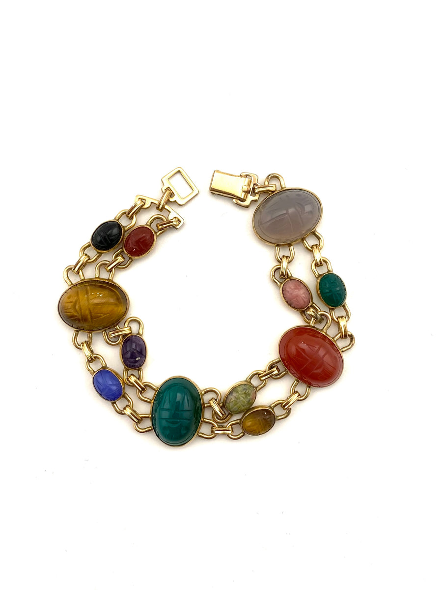 1950s Multi-Colored Big and Little Carved Scarab Beetle Bracelet