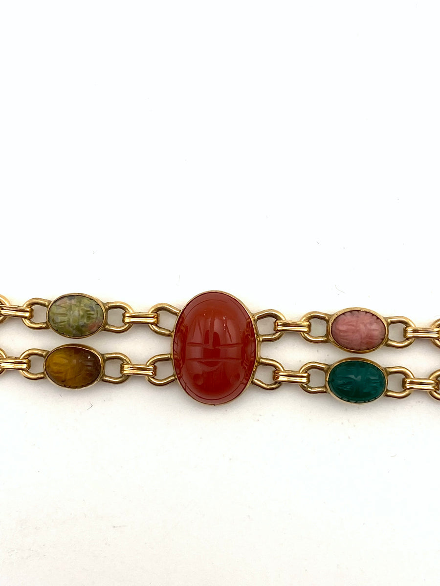 1950s Multi-Colored Big and Little Carved Scarab Beetle Bracelet