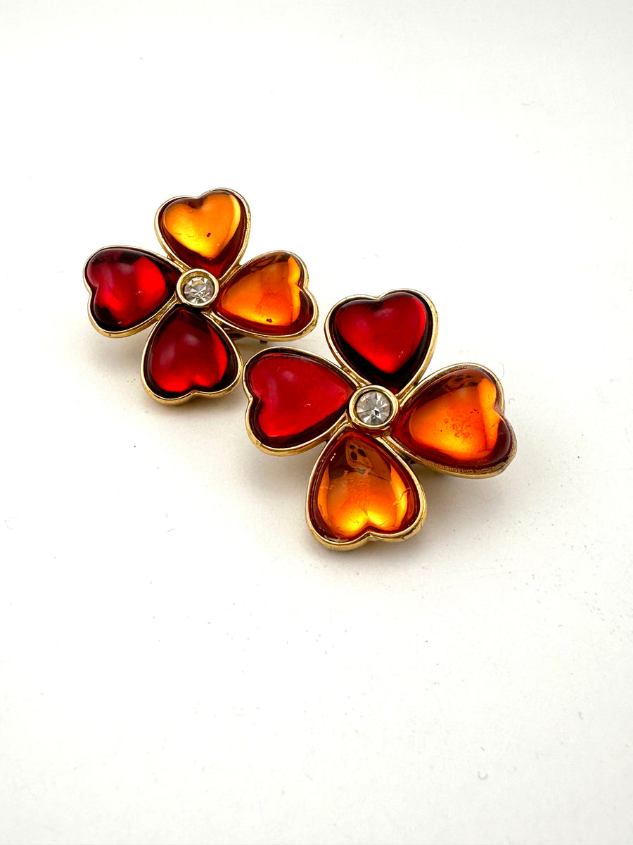 1980s Yves Saint Laurent Red and Orange Flower Earrings