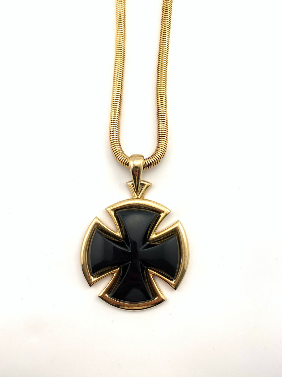 Vintage 1970sLanvin Modernist Black Lucite Cross Pendant Necklace with Snake Chain