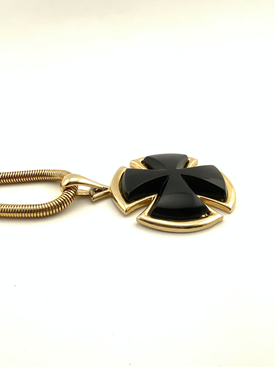 Vintage 1970sLanvin Modernist Black Lucite Cross Pendant Necklace with Snake Chain