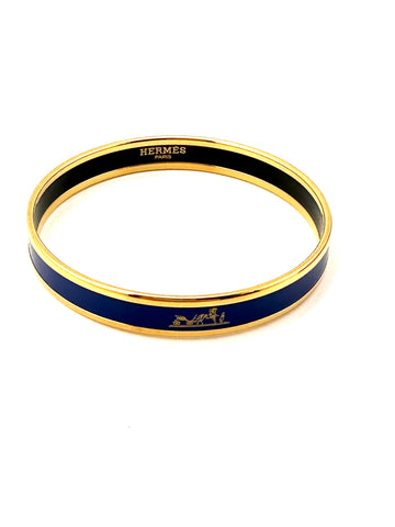 Hèrmes Blue Enamel Bangle with Gold Caleche