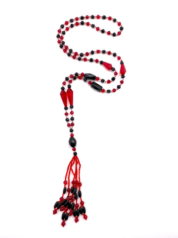 Vintage Red and Black Glass Bead Tassel Necklace