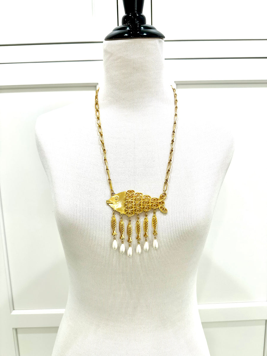 Vintage Goldtone Filigree Fish Pendant Necklace – Ladybug Vintage