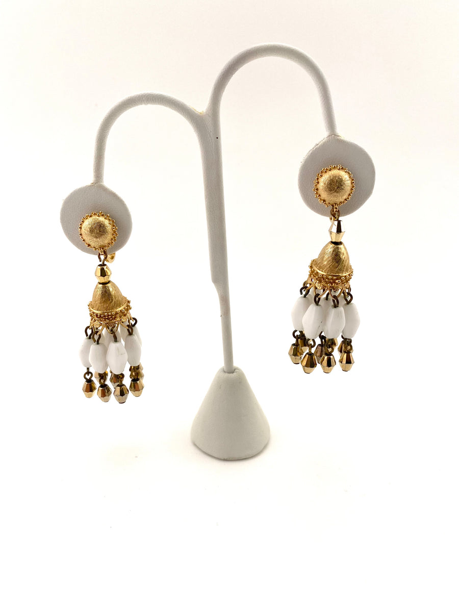 1960s White and Gold Trifari Tassel Clip Earrings