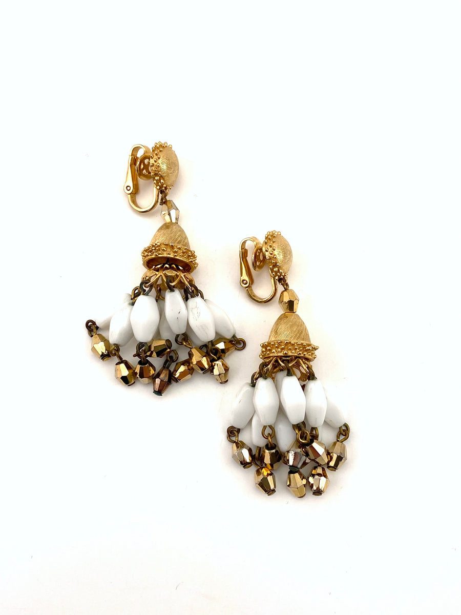 1960s White and Gold Trifari Tassel Clip Earrings