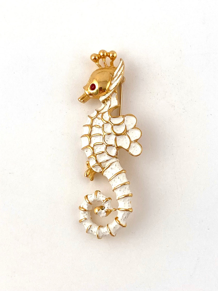 1960s White Kenneth Jay Lane Seahorse Brooch