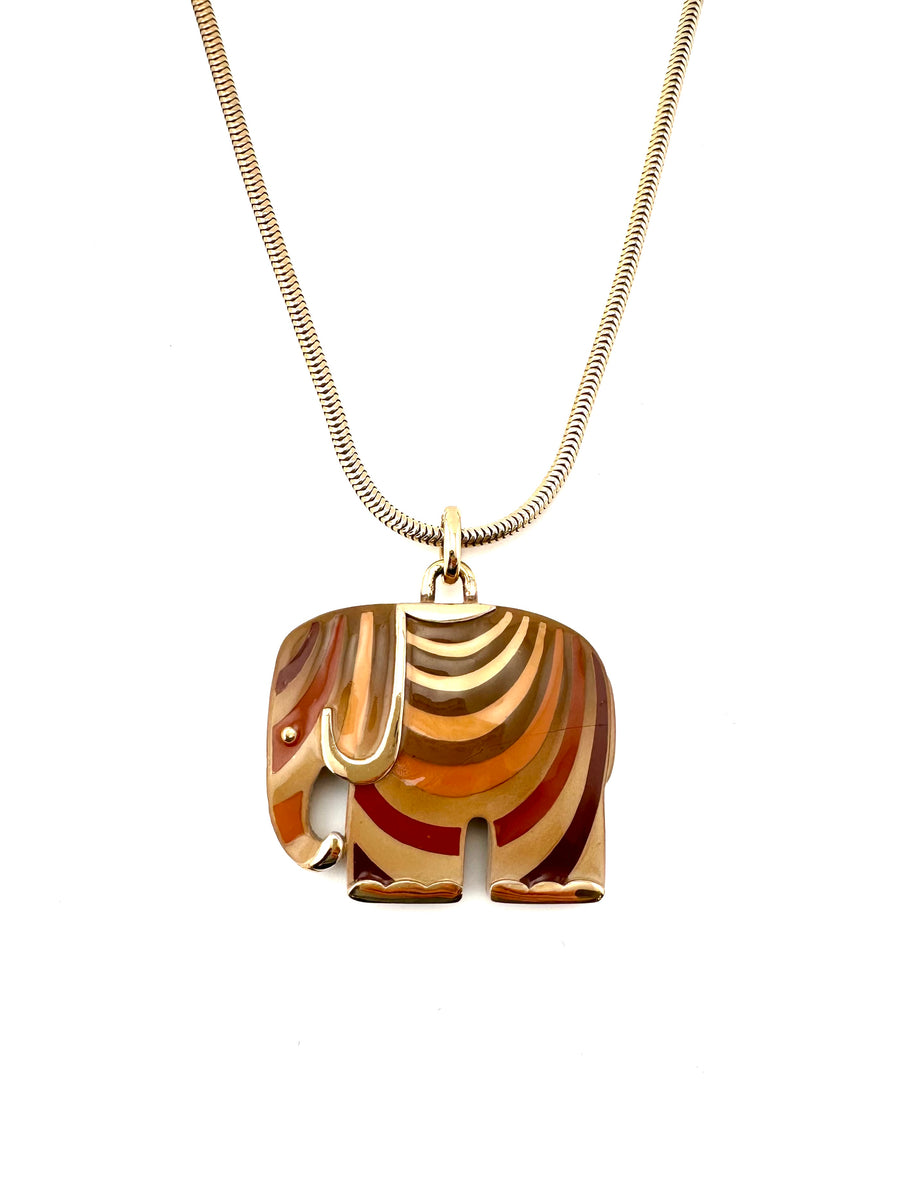 1970s Eisenberg Brown Enamel Striped Elephant Necklace