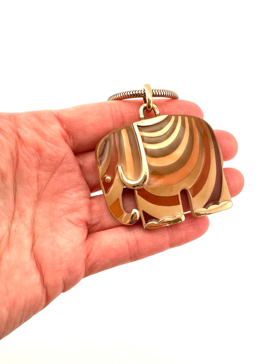 1970s Eisenberg Brown Enamel Striped Elephant Necklace