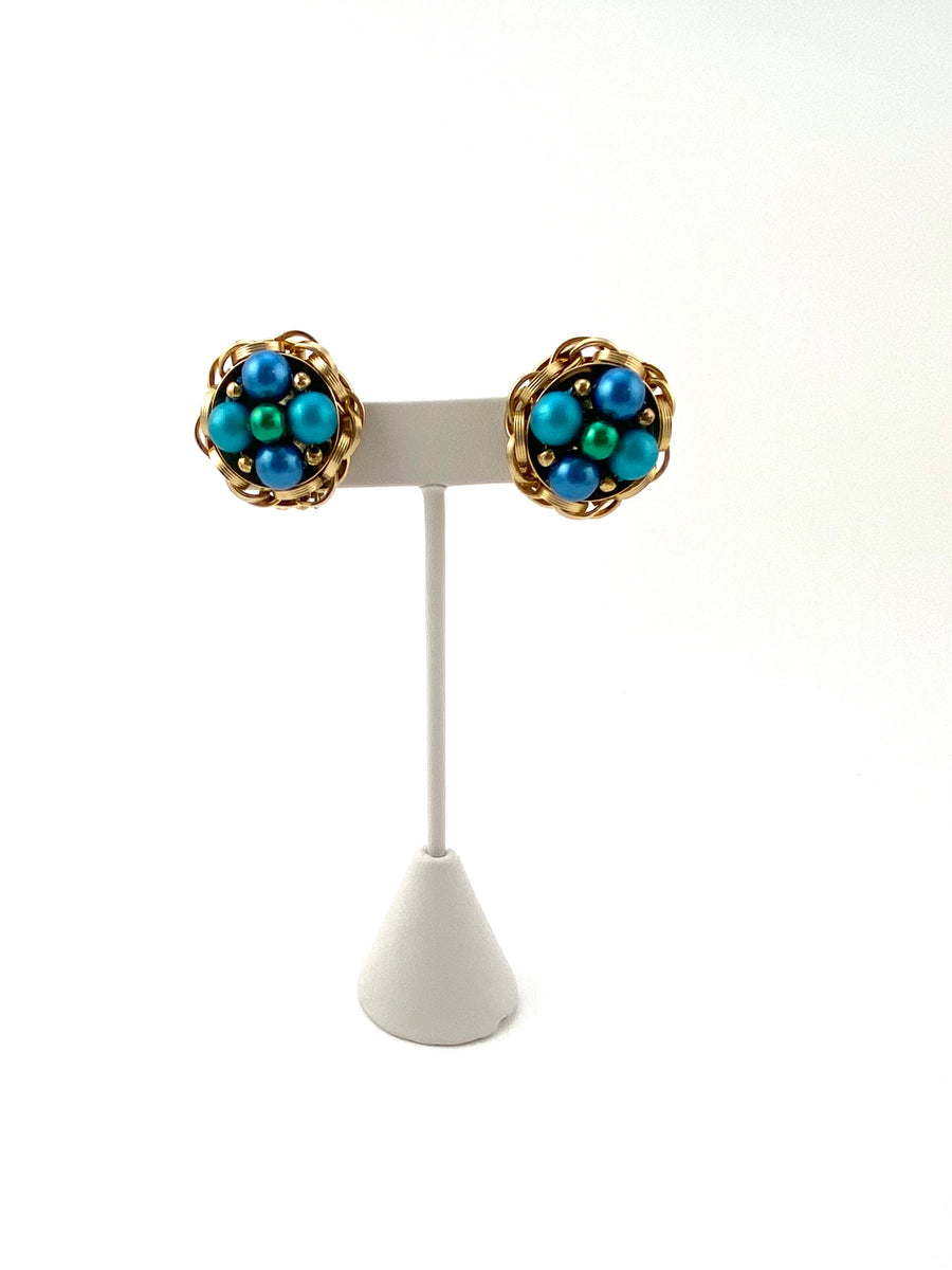 1950s Blue and Green Pearl Button Earrings