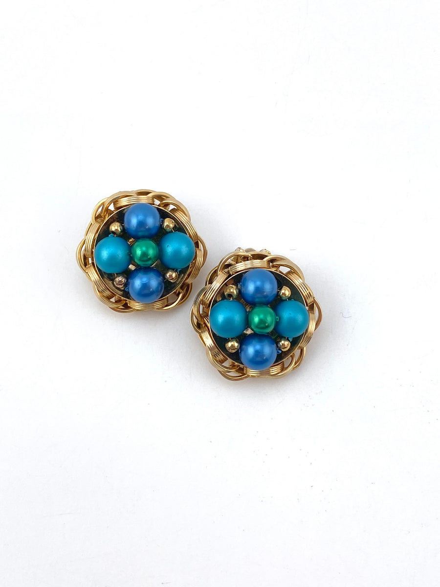 1950s Blue and Green Pearl Button Earrings