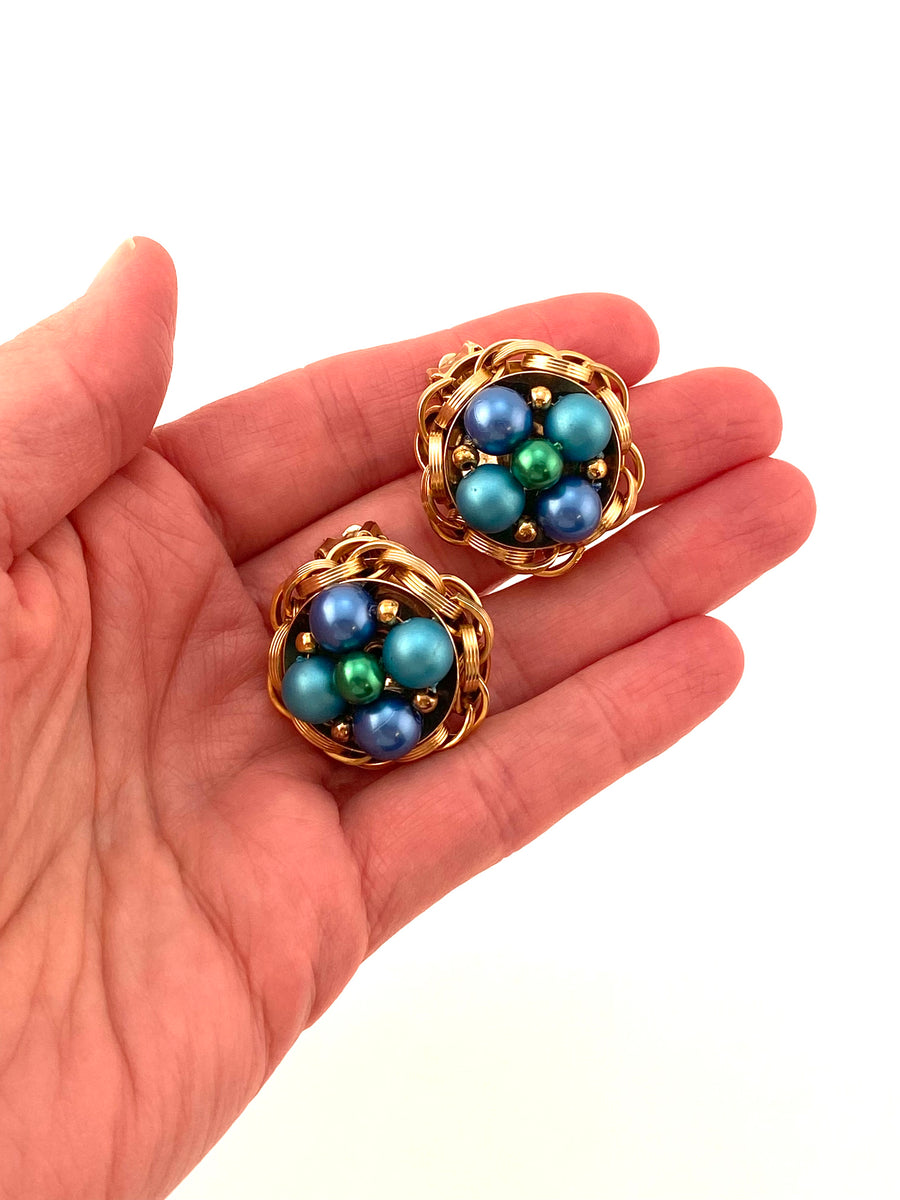 1950s Blue and Green Pearl Button Earrings