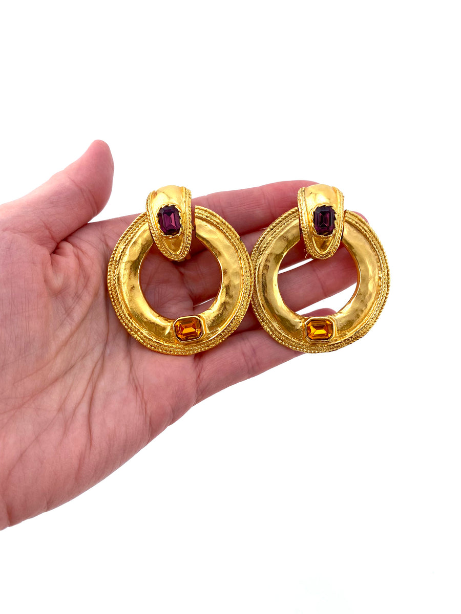 1980s Large Goldtone Hoop Earrings with Gems