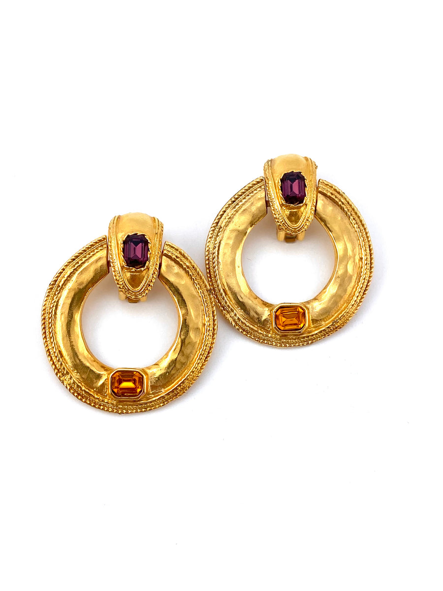 1980s Large Goldtone Hoop Earrings with Gems