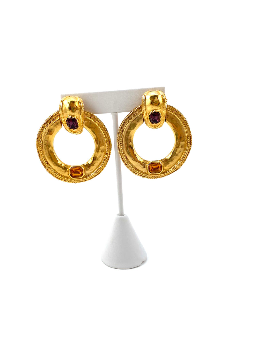 1980s Large Goldtone Hoop Earrings with Gems