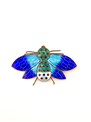 Vintage Sterling Silver and Blue Enamel Insect Brooch