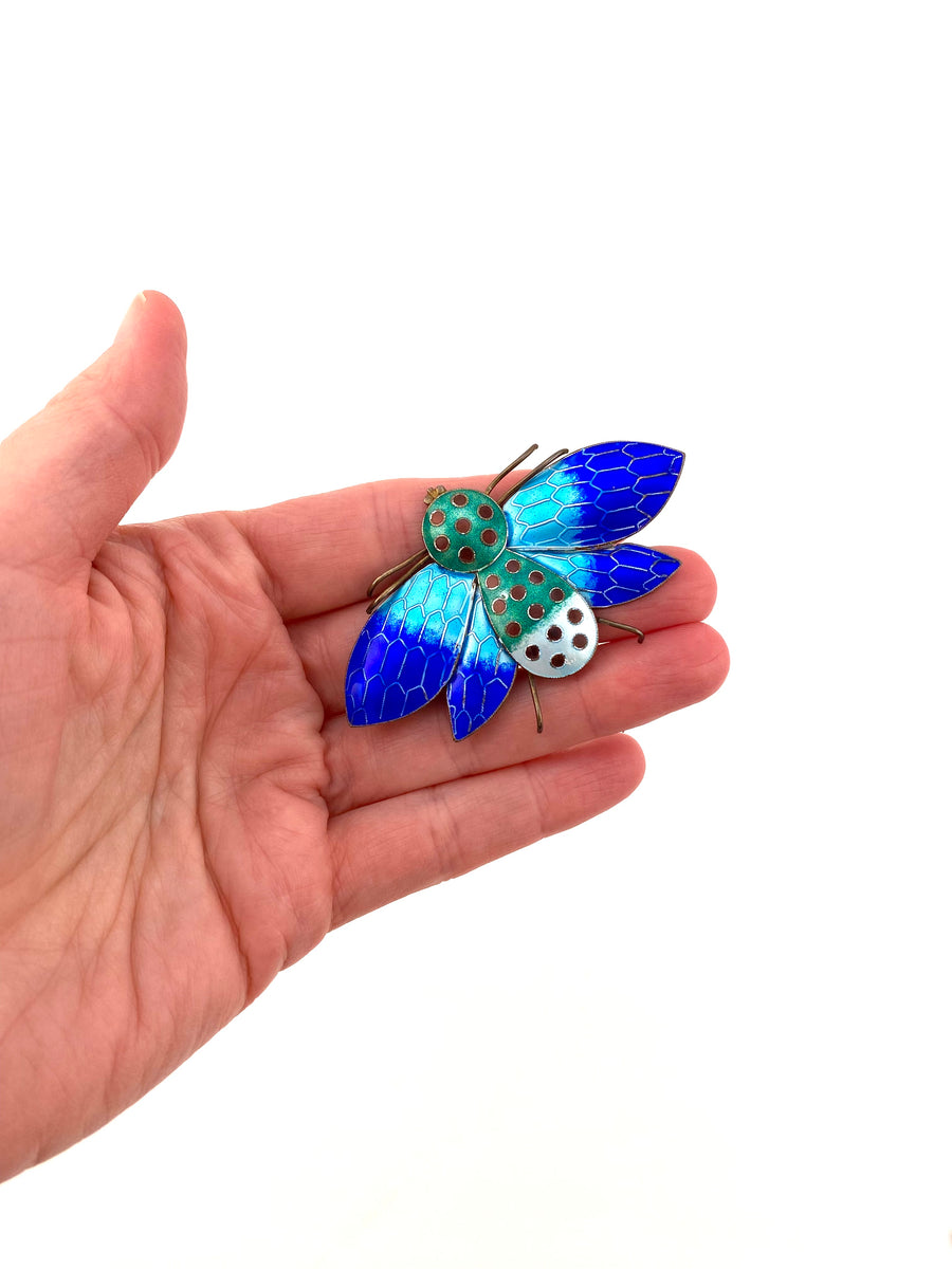 Vintage Sterling Silver and Blue Enamel Insect Brooch