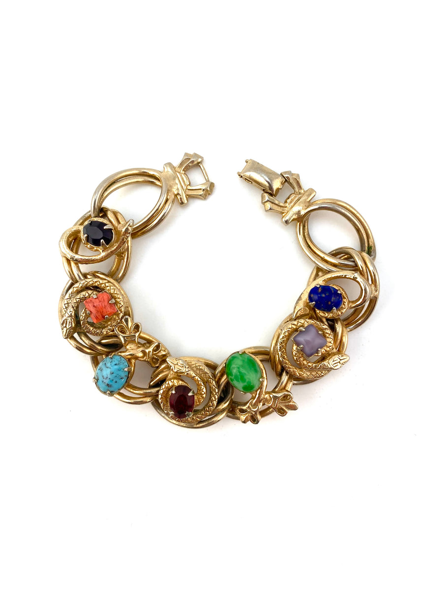 1950s Victorian Style Snake and Key Motif Bracelet with Colorful Stones