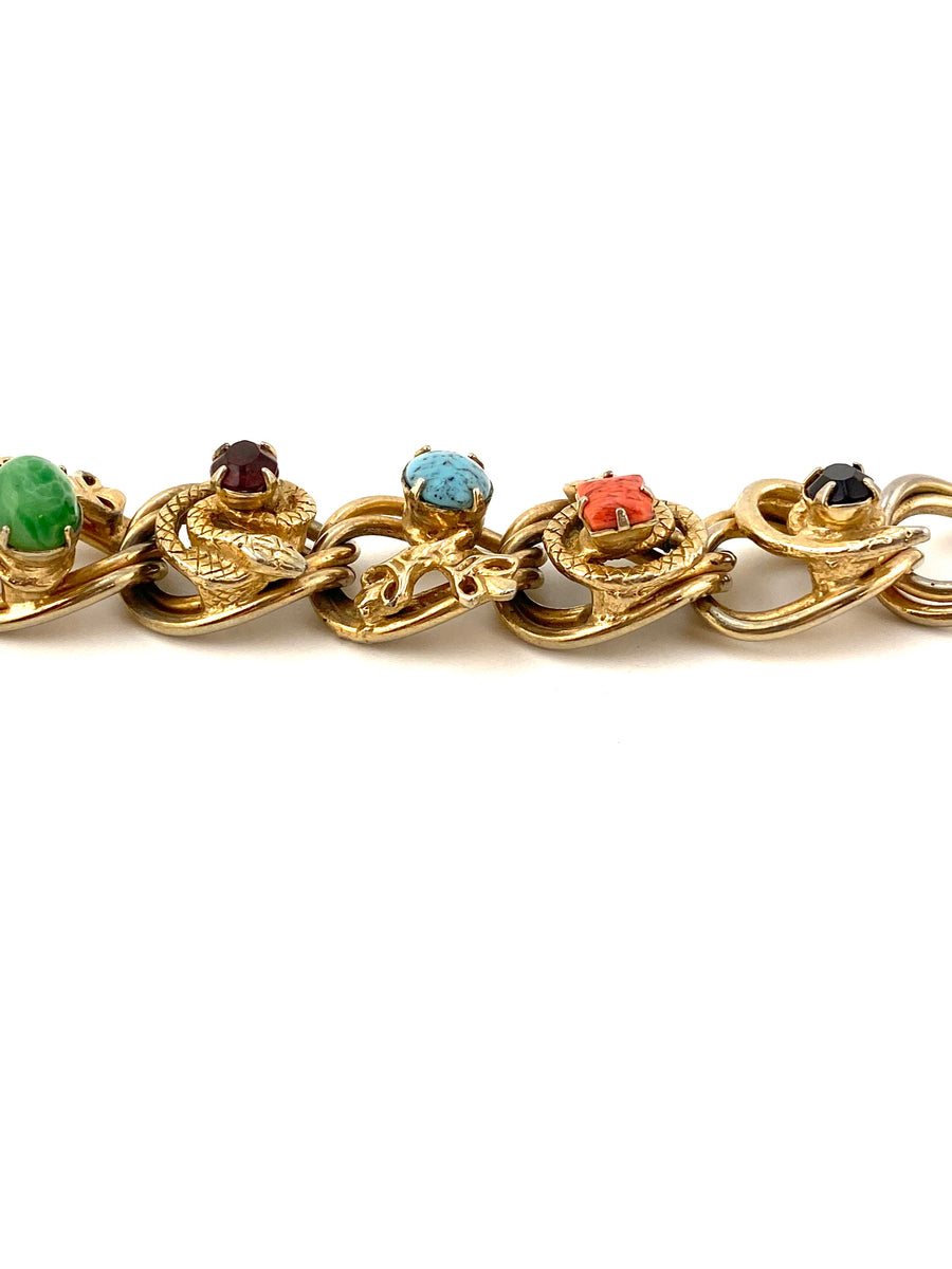 1950s Victorian Style Snake and Key Motif Bracelet with Colorful Stones