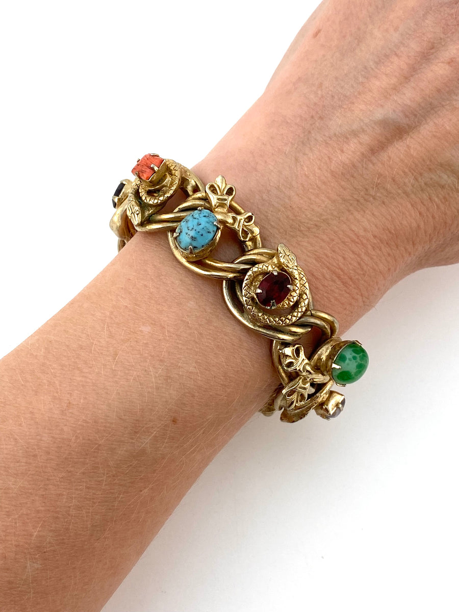 1950s Victorian Style Snake and Key Motif Bracelet with Colorful Stones