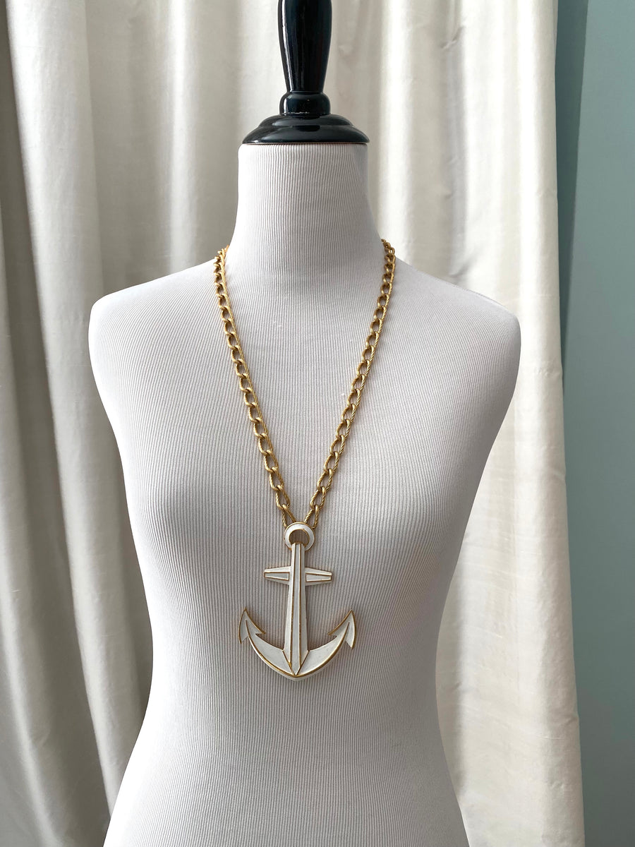 Large 1970s White and Gold Anchor Necklace