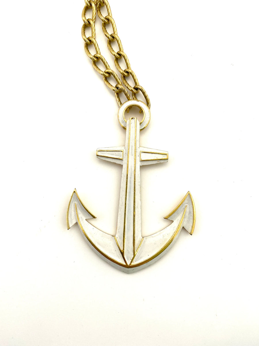 Large 1970s White and Gold Anchor Necklace