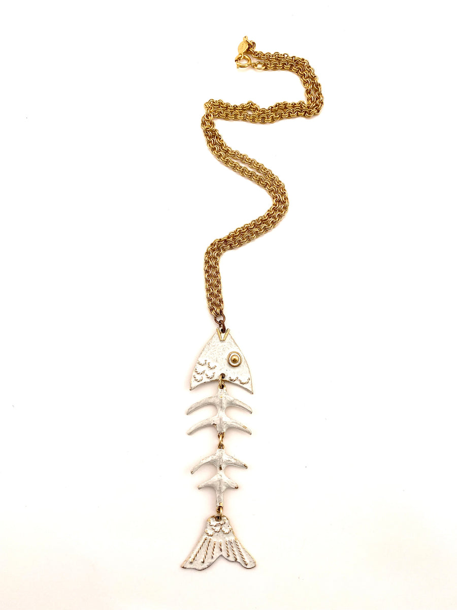 1970s Large Fish Bone Pendant Necklace