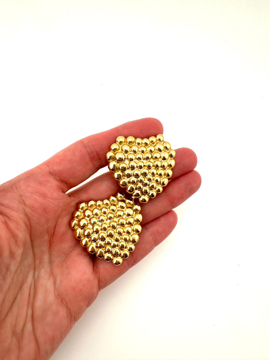 1980s Yves Saint Laurent Gold Textured Heart Earrings