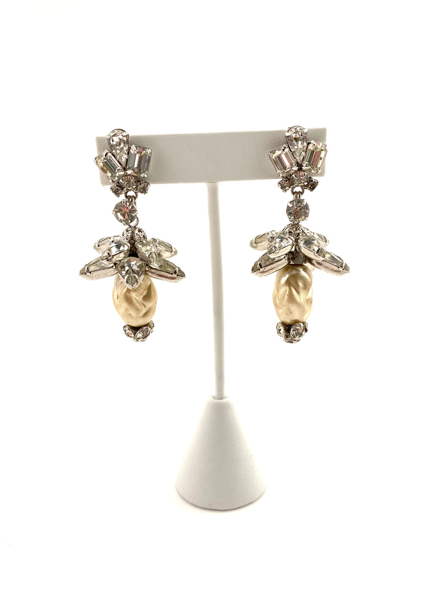 1960s Crystal and Faux Pearl Dangle Earrings