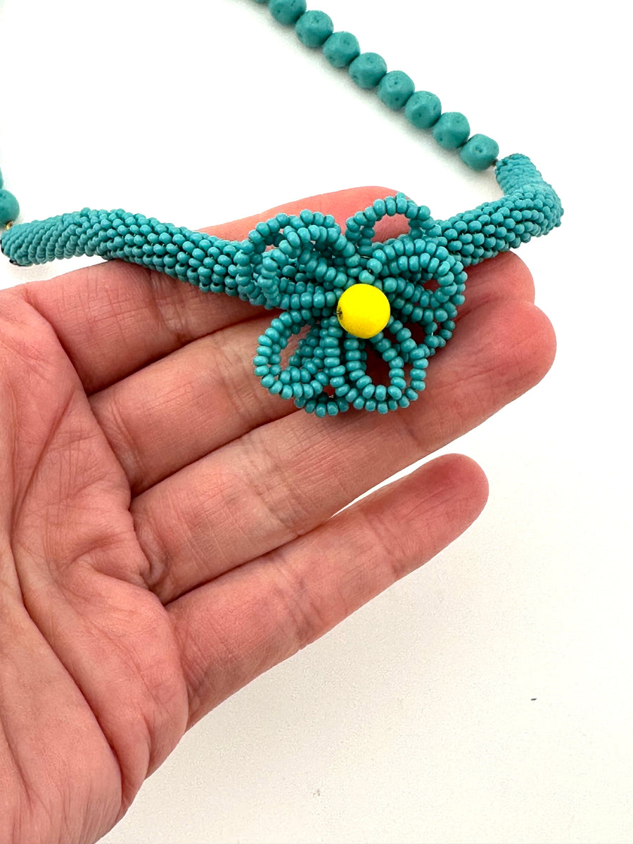 Vintage Miriam Haskell Turquoise Beaded Flower Necklace – Ladybug