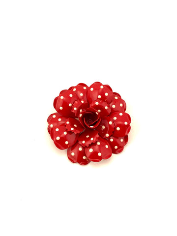 Vintage Red Enameled Polka Dot Rose Brooch