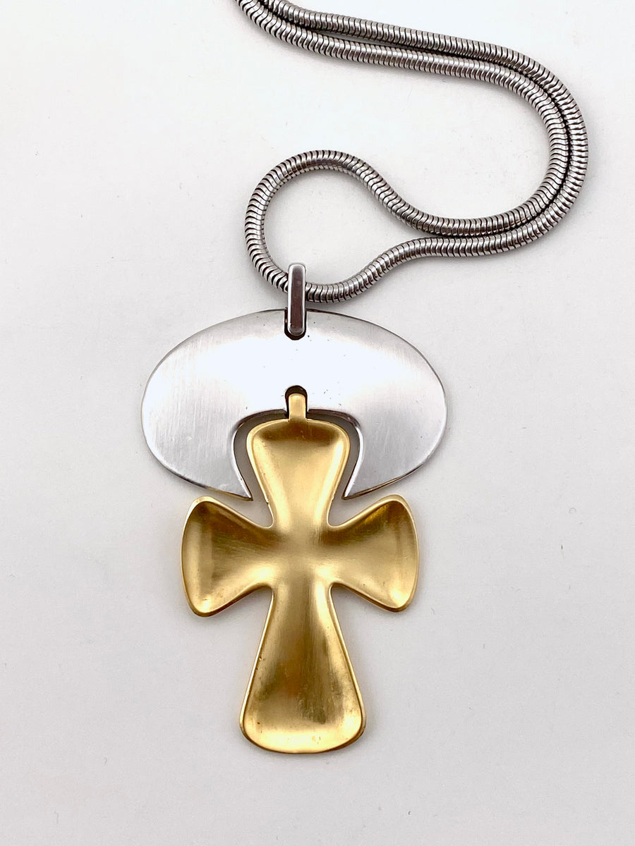 1960s Trifari Modernist Abstract Silver and Goldtone Cross Necklace