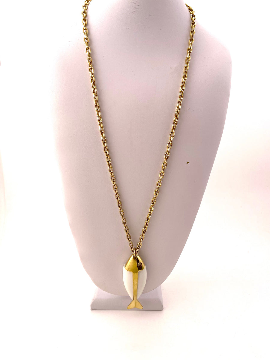 1960s Trifari White and Gold Modernist Fish Pendant Necklace